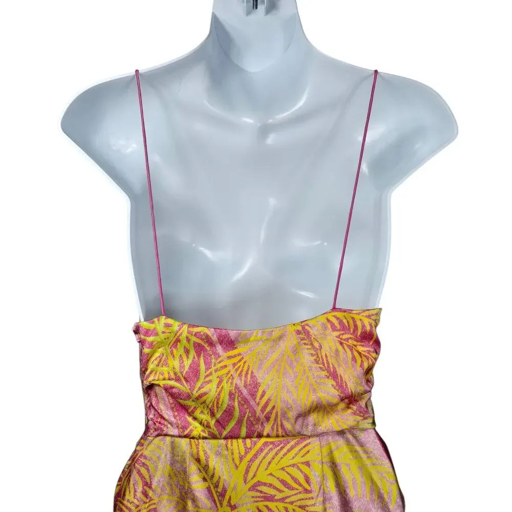 Retrofete Ariella Tropical Palm Silk Mini Dress Pink XS Cowl Neck Slip Resort